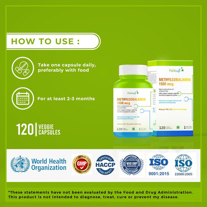Haleup Vitamin B12 supplement capsules1500mcg -Active form of Methylcobalamin B12 Supplement for Men & Women- 120 Veg capsules