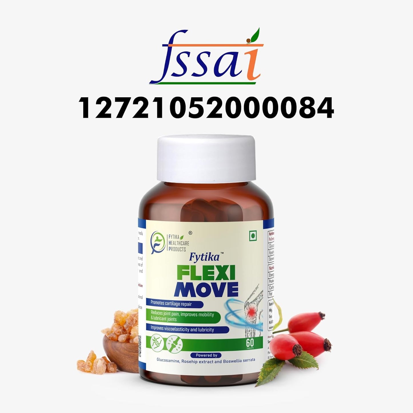 FYTIKA Flexi Move - 60 Tablets (Pack of 1)| Glucosamine, Rosehip Powder, Boswellia Extract | 4 in 1 Formula that Supports Your Bone, Joint, And Cartilage Health | For Men and Women