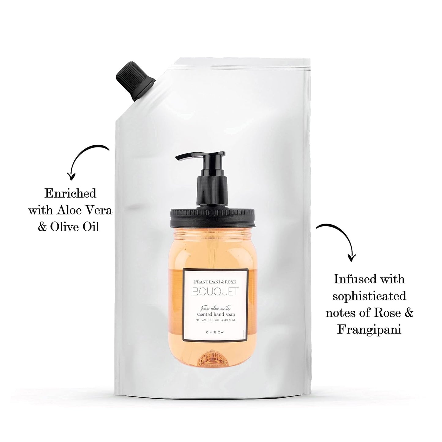 Kimirica Bouquet Foaming Liquid Hand Wash Refill Pack with Goodness of Frangipani and Rose, 100% Vegan & Paraben Free Moisturizing Hand Wash | Soft on Hands (1L)