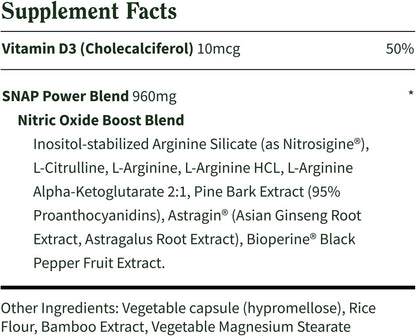 Snap Supplements L-Arginine Capsules with L-Citrulline and 3 Forms of L-Arginine to Support Healthy Circulation, Nitric Oxide & Exercise Performance, 60 Vegan Capsules (30-Day Supply)