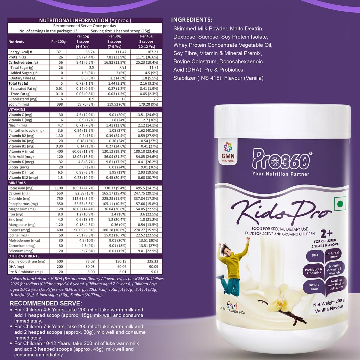 Pro360 Kidspro Protein Powder Child Nutrition & Health Supplement for Growing Children, Improves Immunity, Growth and Active Strong â€“ (200g) -Vanilla Flavor