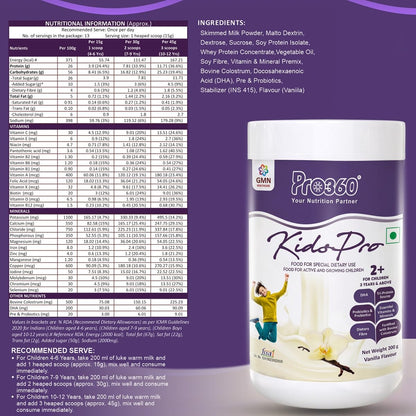 Pro360 Kidspro Protein Powder Child Nutrition & Health Supplement for Growing Children, Improves Immunity, Growth and Active Strong â€“ (200g) -Vanilla Flavor