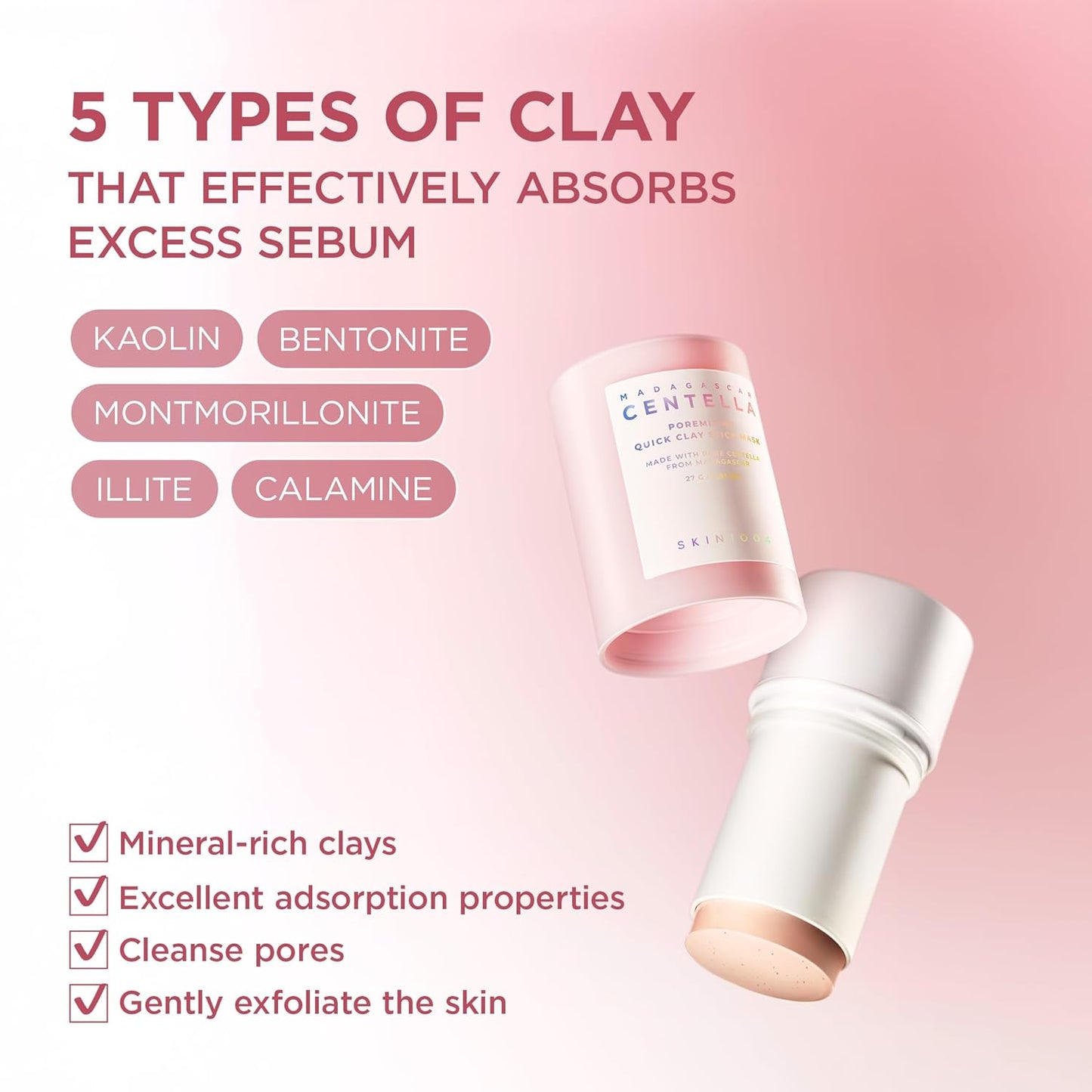 SKIN1004 Madagascar Centella Poremizing Quick Clay Stick Mask 27g â€“ Face Mask with 5 Clays & Red Bean Powder for Pore Care, Oil Control, Blackhead Removal & Skin Soothing Korean Skincare