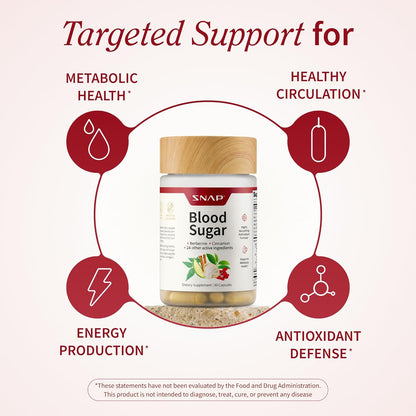 Snap Supplements Blood Sugar Blend with Berberine, CoQ10, Cinnamon, and Gymnema to Support Already Healthy Blood Sugar, Metabolic Health and Energy, Sugar Free, 60 Capsules (Packaging May Vary)