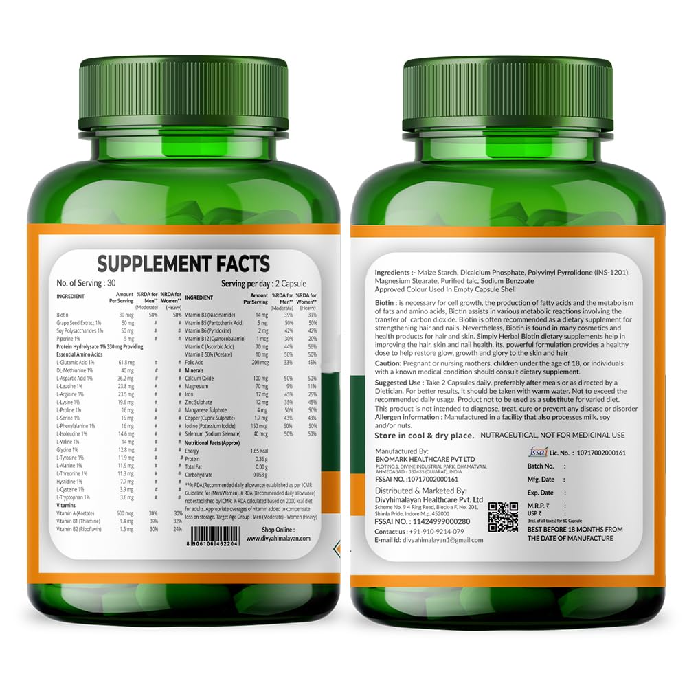 Divya Himalayan Biotin 10,000 MCG | Hair, Skin & Nail Support | 60 Vegan Capsules | High Potency | Non-GMO, Gluten-Free