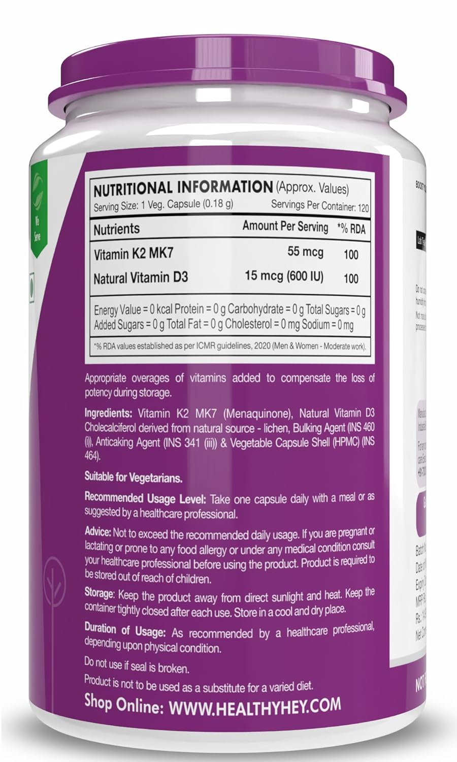 HealthyHey Nutrition Natural Vitamin K2 + Natural D3 - Non-GMO | Non-Synthetic 120 Veg. Capsules