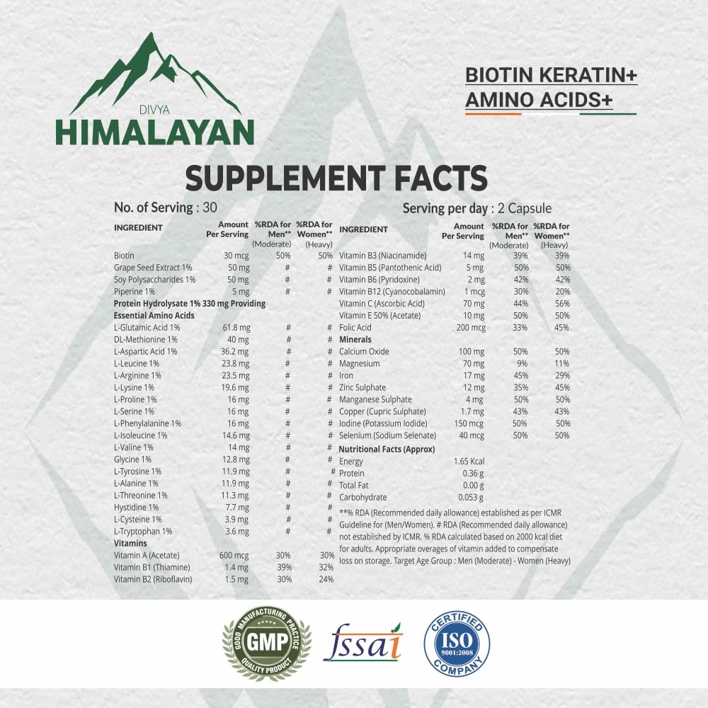 Divya Himalayan Biotin 10,000 MCG | Hair, Skin & Nail Support | 60 Vegan Capsules | High Potency | Non-GMO, Gluten-Free