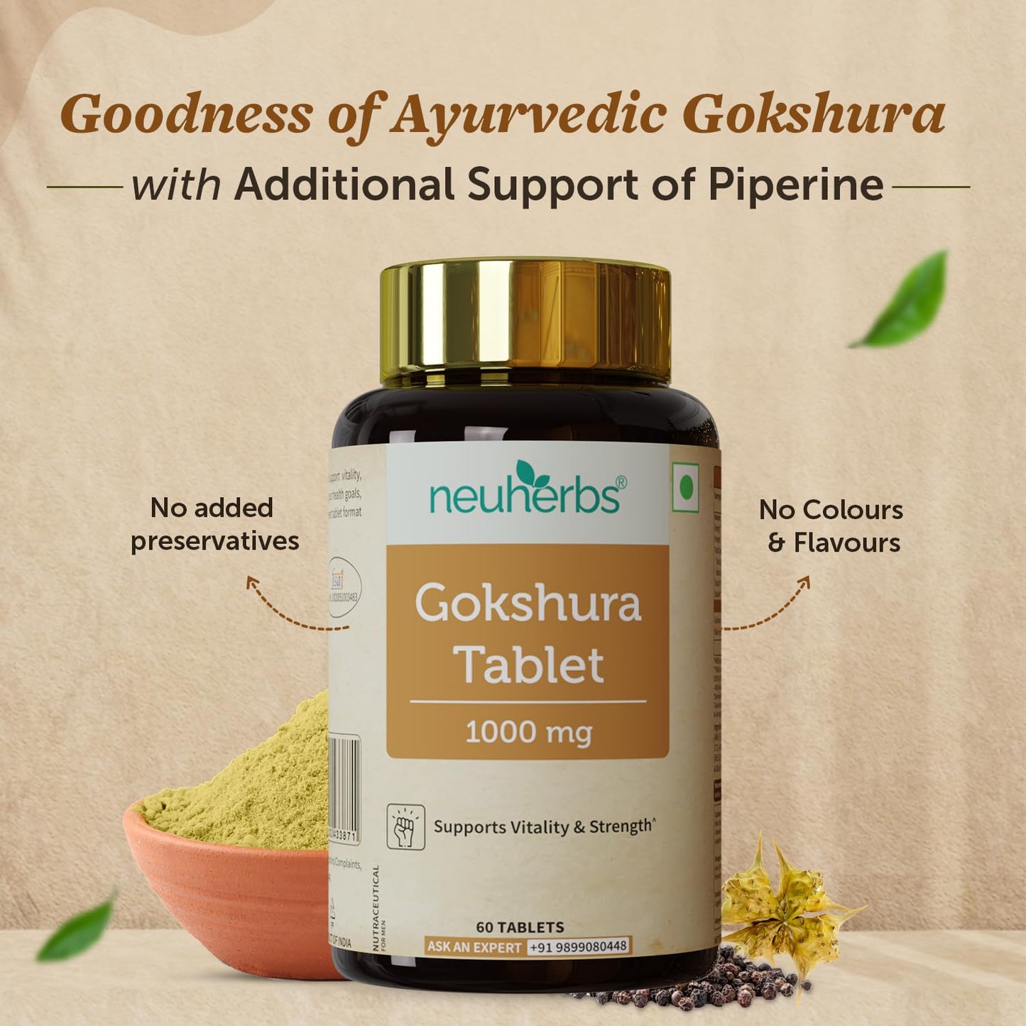 Neuherbs Gokshura Tablets 1000mg | Tribulus Terrestris/Gokhru Supplement For Men | Boost Energy, Strength & Testosterone | With No Added Preservatives - 60 Tablets