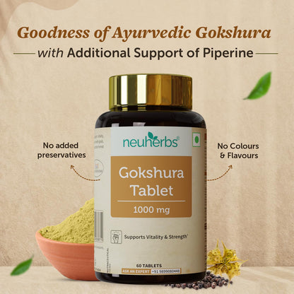 Neuherbs Gokshura Tablets 1000mg | Tribulus Terrestris/Gokhru Supplement For Men | Boost Energy, Strength & Testosterone | With No Added Preservatives - 60 Tablets