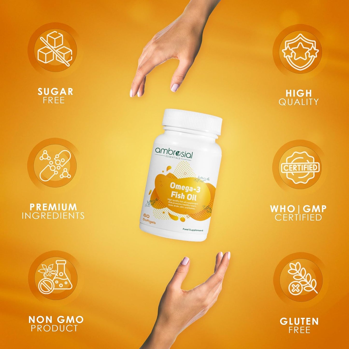 Ambrosial Omega 3 Fish Oil Capsules 1000mg Omega3 capsule with 180 mg EPA & 120 mg DHA No Fishy Burps |Omega3 Capsules for Men & Women to Support Healthy Heart Brain & Bones (Pack of 1-60 Softgels)