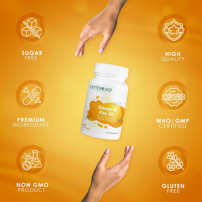 Ambrosial Omega 3 Fish Oil Capsules 1000mg Omega3 capsule with 180 mg EPA & 120 mg DHA No Fishy Burps |Omega3 Capsules for Men & Women to Support Healthy Heart Brain & Bones (Pack of 1-60 Softgels)