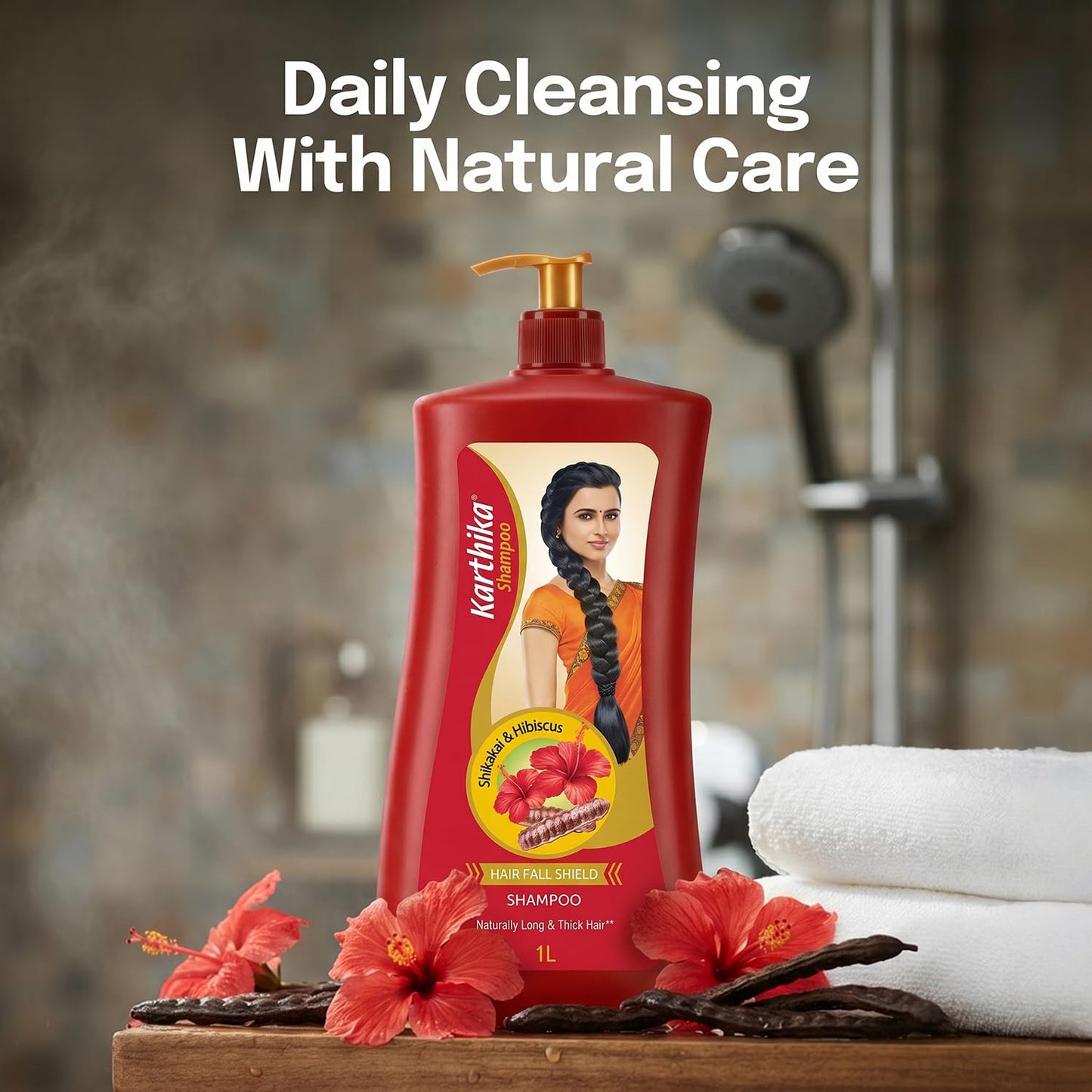 Karthika Hairfall Shield Shampoo with Shikakai & Hibiscus â€“ 1L | Herbal Anti-Hairfall Shampoo for Strong & Healthy Hair | Natural Care for Men & Women
