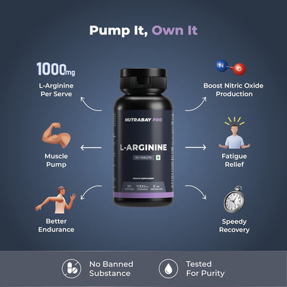 Nutrabay Pro L-Arginine Tablets 1000mg per Tablet â€“ Improve Endurance, Promote Muscle Pump, Non-GMO, Vegan Friendly â€“ 60 Veg Tablets| Tested for Purity | 100% Authentic