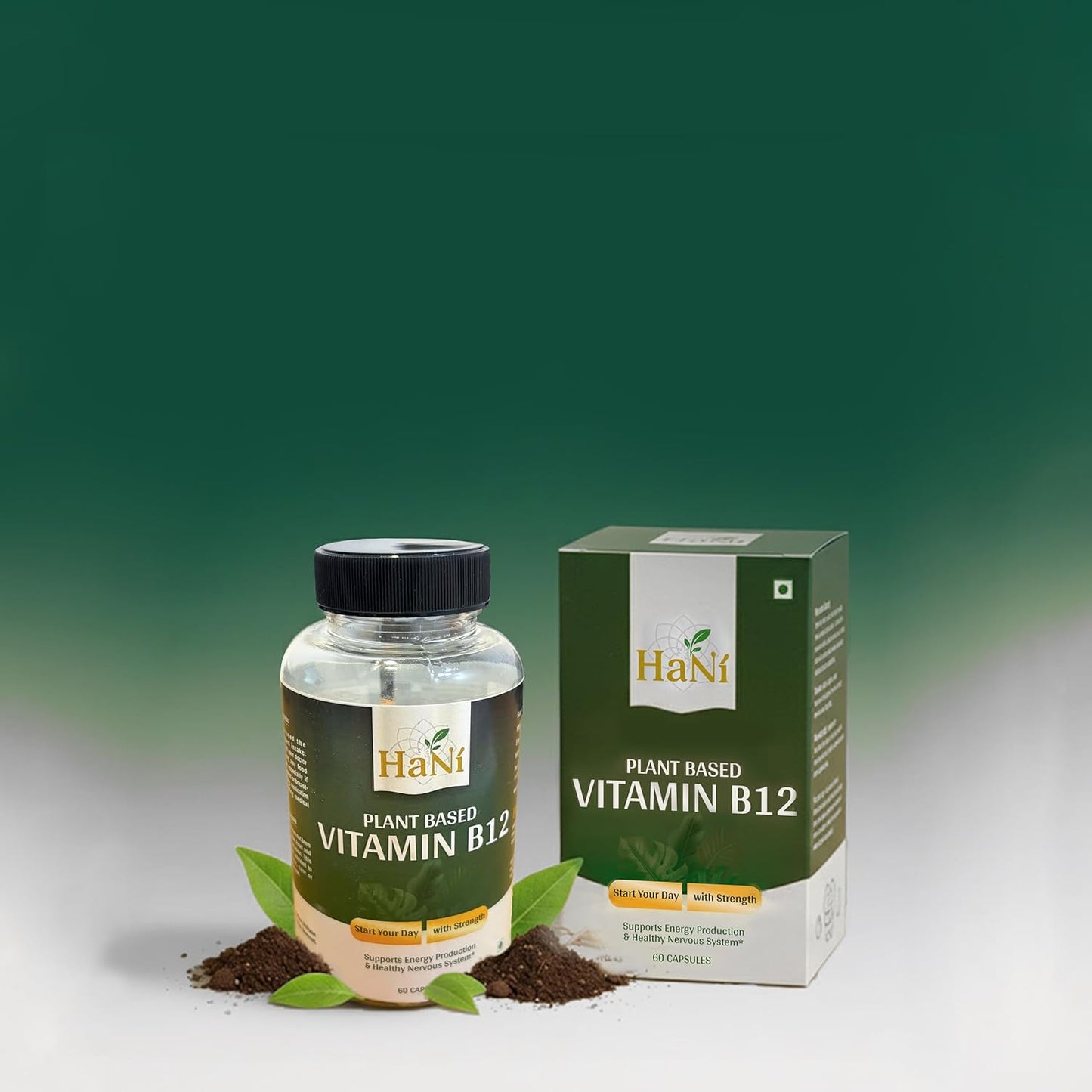 HANI Plant Based Vitamin B12 Capsules | Natural Cobalamin with 7 Superfoods (Wheatgrass, Amla, Spinach, Moringa, Raspberries, Alfalfa) | Supports Energy, Immunity & Nervous System Health | 60 Capsules