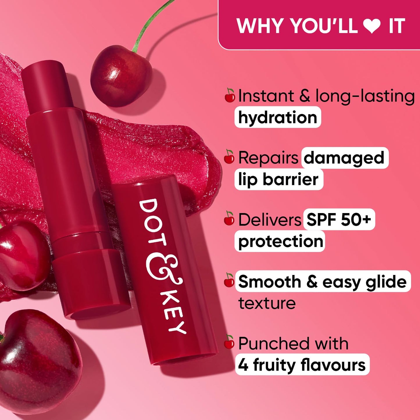 Dot & Key Barrier Repair Hydrating Lip Balm SPF 50 | Cherry Crimson | Repairs Damaged Lip Barrier | High Tinted | 4.5 gm