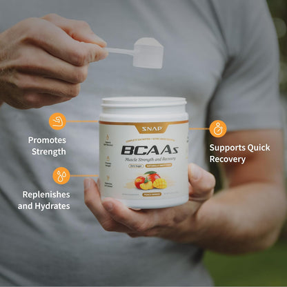 Snap Supplements BCAA Powder - 5g Vegan Branched Chain Amino Acids (2:1:1 Leucine Isoleucine Valine) + Essential Amino Acids with Nitric Oxide Booster, 30 Servings, Peach Mango