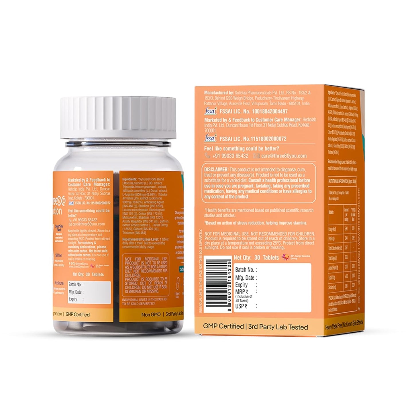 three60 DE-STRESS & PERFORM Tablets | Testosterone Supplement | Helps Boost Stamina | Helps Reduce Stress | SynuraÂ® Forte Blend, Saffron, Gokshura | No Steroid | Non Habit Forming | 30 Tablets