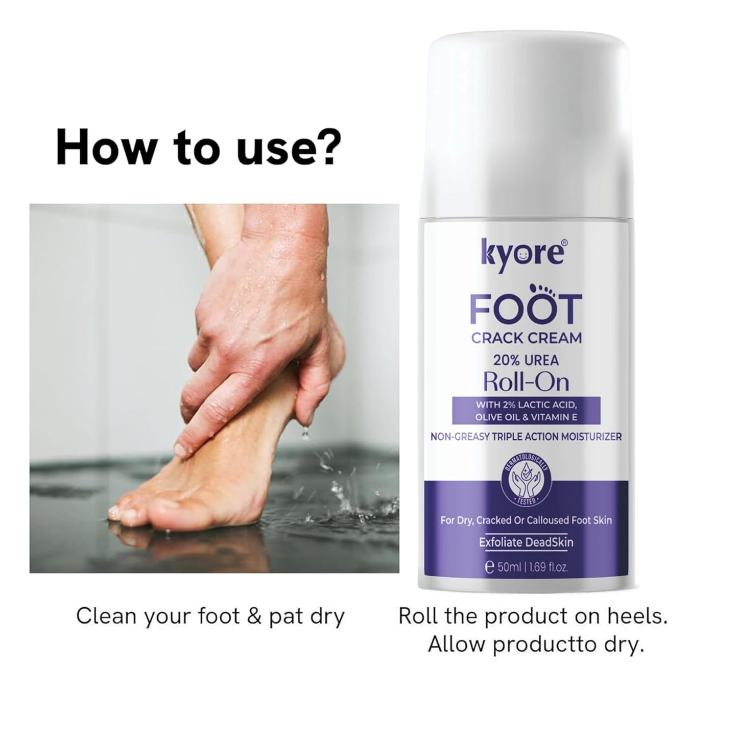 20% Urea Foot Cream Roll On 50ml | For Dry & Cracked Heels | With 2% Lactic Acid, Olive Oil & Vitamin E | Helps Repair and Moisturise Cracked Heels