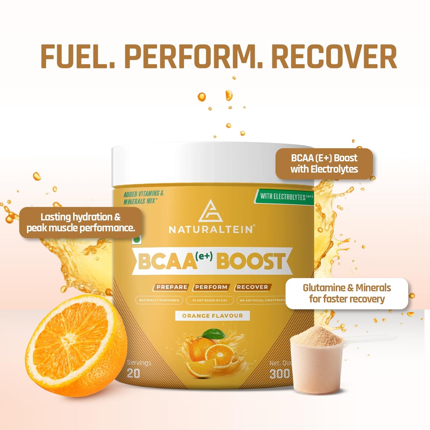 Naturaltein BCAA E+ Boost - Vegan BCAAs with Electrolytes, Vitamins & Minerals - 300g Clean Energy Drink - Natural Orange