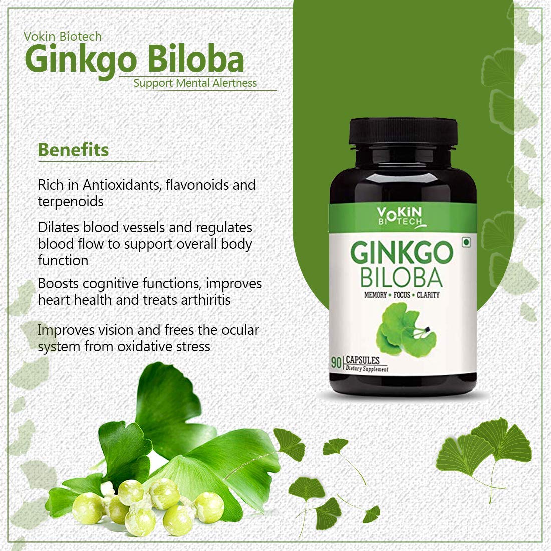 Vokin Biotech Ginkgo Biloba with Brahmi Boosts Concentration & Learning Activities 90 Capsules