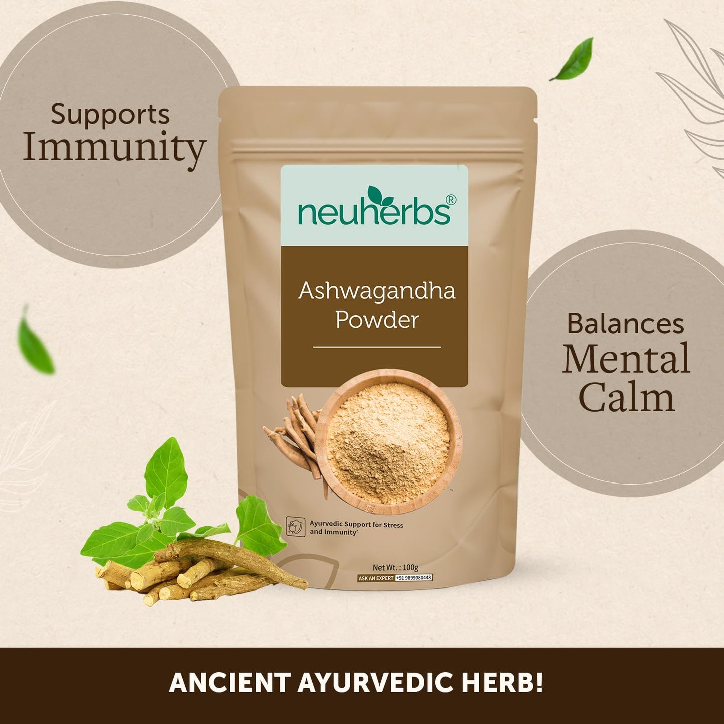 Neuherbs Ashwagandha Powder - 100 Gm | Ayurvedic Support for Stress Relief, Mental Calmness & Anxiety Issues | Support Strength & Energy | Certified