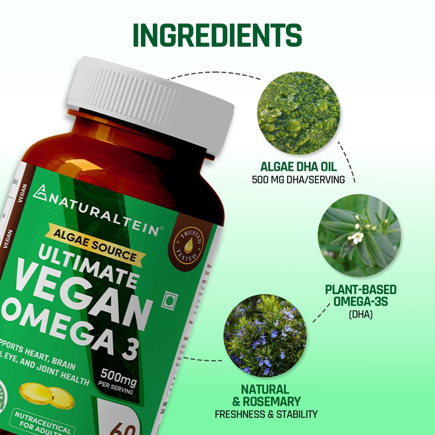 Naturaltein Ultimate Vegan Omega 3 (60 Softgels) | Algae Source DHA | 1000 mg Algae Oil & 500 mg DHA Per Serving | Plant-Based Omega 3 | Heavy Metal Tested