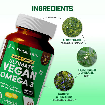 Naturaltein Ultimate Vegan Omega 3 (60 Softgels) | Algae Source DHA | 1000 mg Algae Oil & 500 mg DHA Per Serving | Plant-Based Omega 3 | Heavy Metal Tested