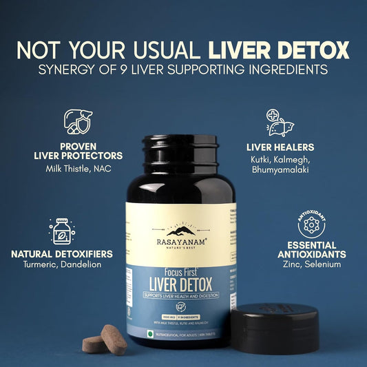 Rasayanam Liver Detox Supplement 1000mg | Milk Thistle and NAC | 80% Silymarin | Added herbs like Kutki, Kalmegh, Turmeric, Dandelion, Zinc & more | Supports Detox, Digestion, Energy & Daily Liver Wellness - 60 Tablets