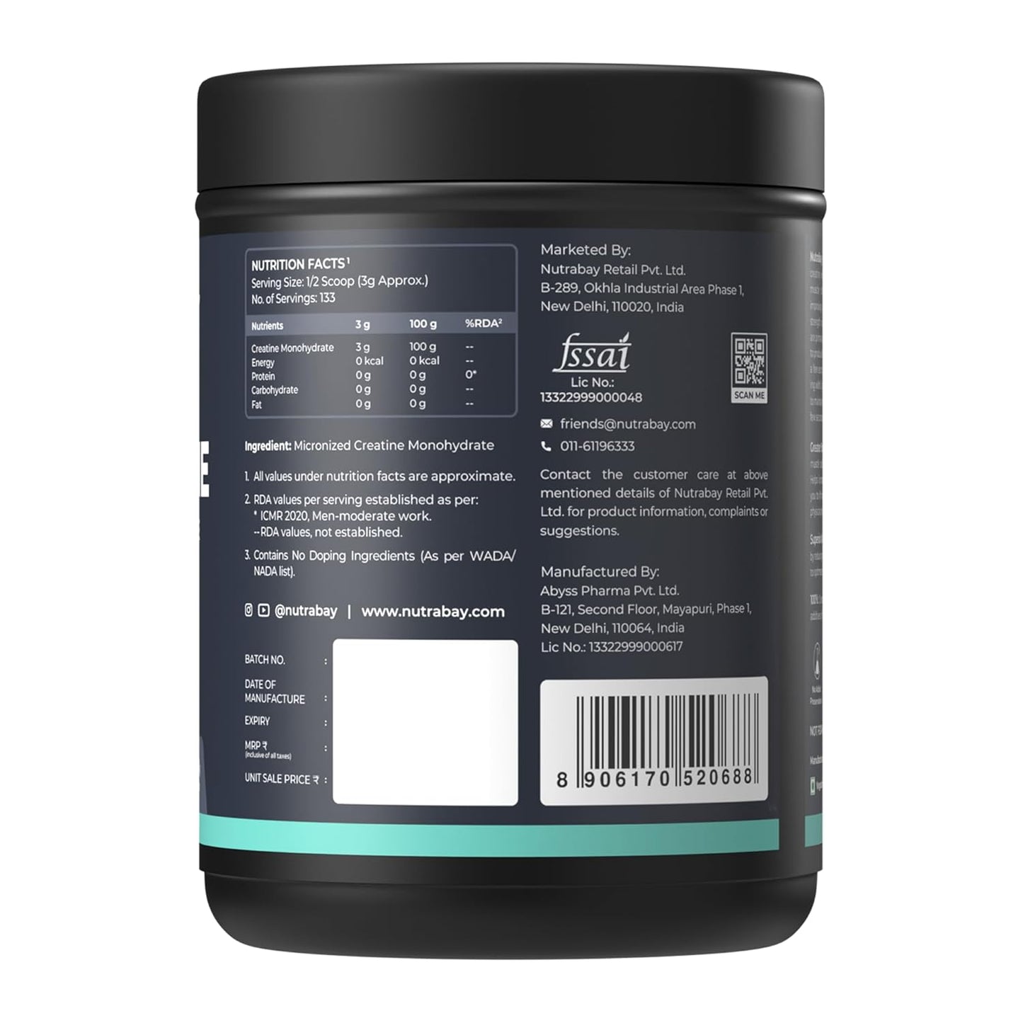 Nutrabay Pure Micronised Creatine Monohydrate Powder 3000 mg/Serving |Trustified Certified | Fast Absorption â€“ Increases Lean Muscle Mass, Strength & Power â€“ 400g, Unflavoured