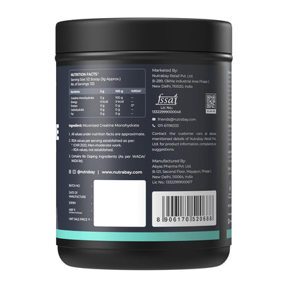 Nutrabay Pure Micronised Creatine Monohydrate Powder 3000 mg/Serving |Trustified Certified | Fast Absorption â€“ Increases Lean Muscle Mass, Strength & Power â€“ 400g, Unflavoured