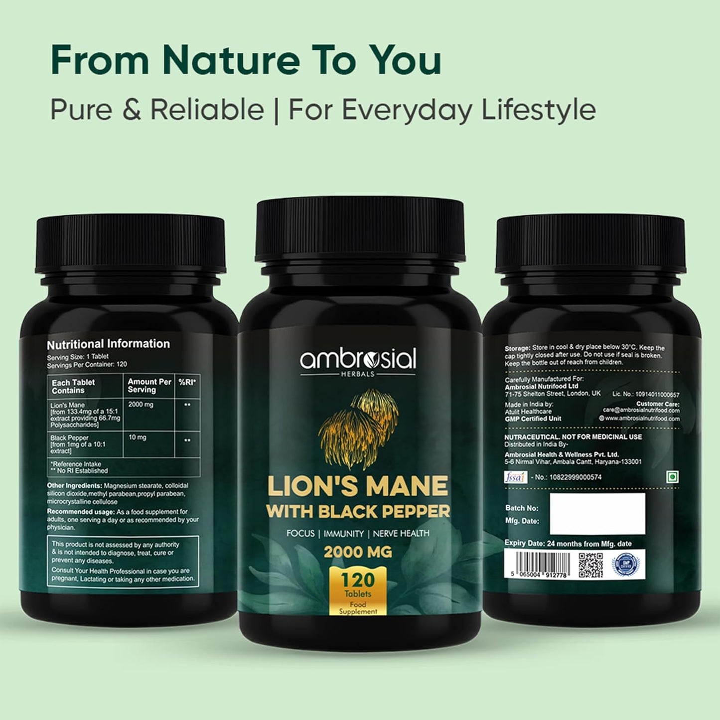 Ambrosial Lionâ€™s Mane Mushroom Supplement with Black Pepper â€“ 2000 mg per Serving | 120 Vegan Tablets | Mushroom Extract to support Focus, Clarity & Wellness