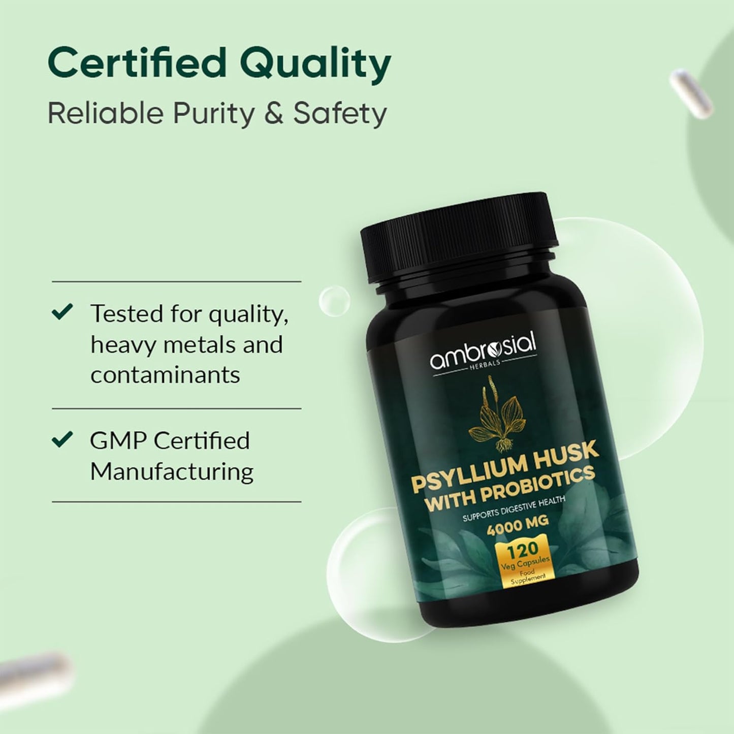 Ambrosial Psyllium Husk Capsules - 4000 MG with Probiotics: Detoxify and Revitalize Your Digestive System with Natural Fiber Support - 120 Vegan Capsules