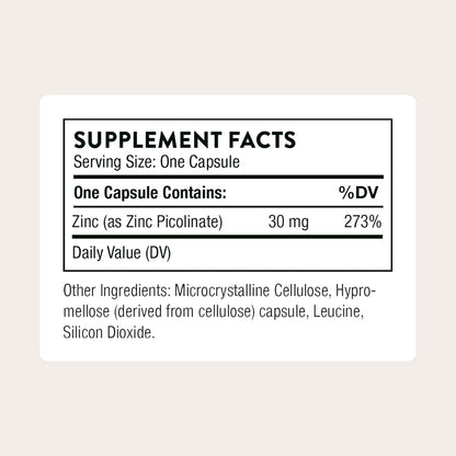 THORNE - Zinc Picolinate 30 mg - Well-Absorbed Zinc Supplement for Growth and Immune Function - Promotes Healthy Skin & Eyes* - Third-Party Certified - Gluten, Dairy & Soy-Free - 60 Capsules