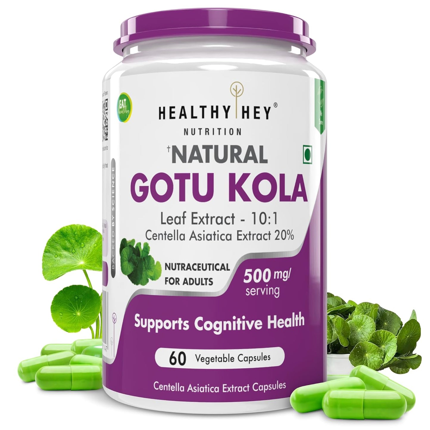 HealthyHey Nutrition Gotu Kola Extract Supplement, Adaptogen for Brain & Nervous System Support, Calming, Mental Clarity - 60 Capsules, Non GMO, Gluten Free, Vegan