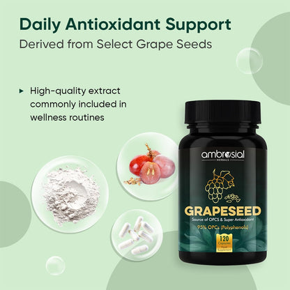 Ambrosial Grape Seed Extract Capsules | 95% OPCs Polyphenols | High Strength Grape Seed Supplement | Strong Antioxidant | Pack of 1-120 Vegan Capsules