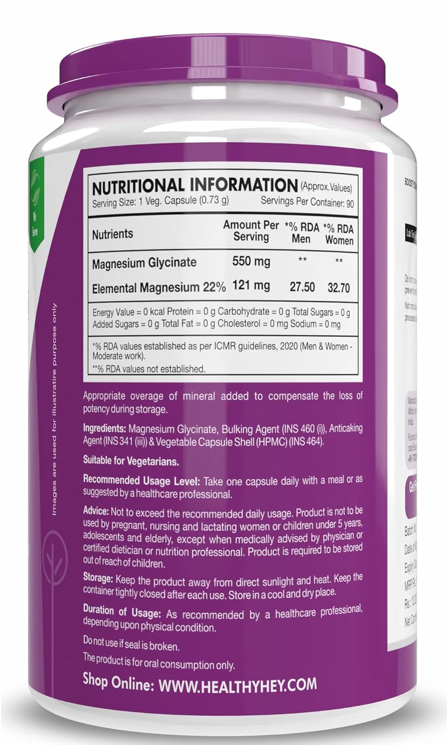 HealthyHey Nutrition Magnesium Glycinate High Absorption for Sleep, Cramps, & Nerves Health - 90 Vegetable Capsules