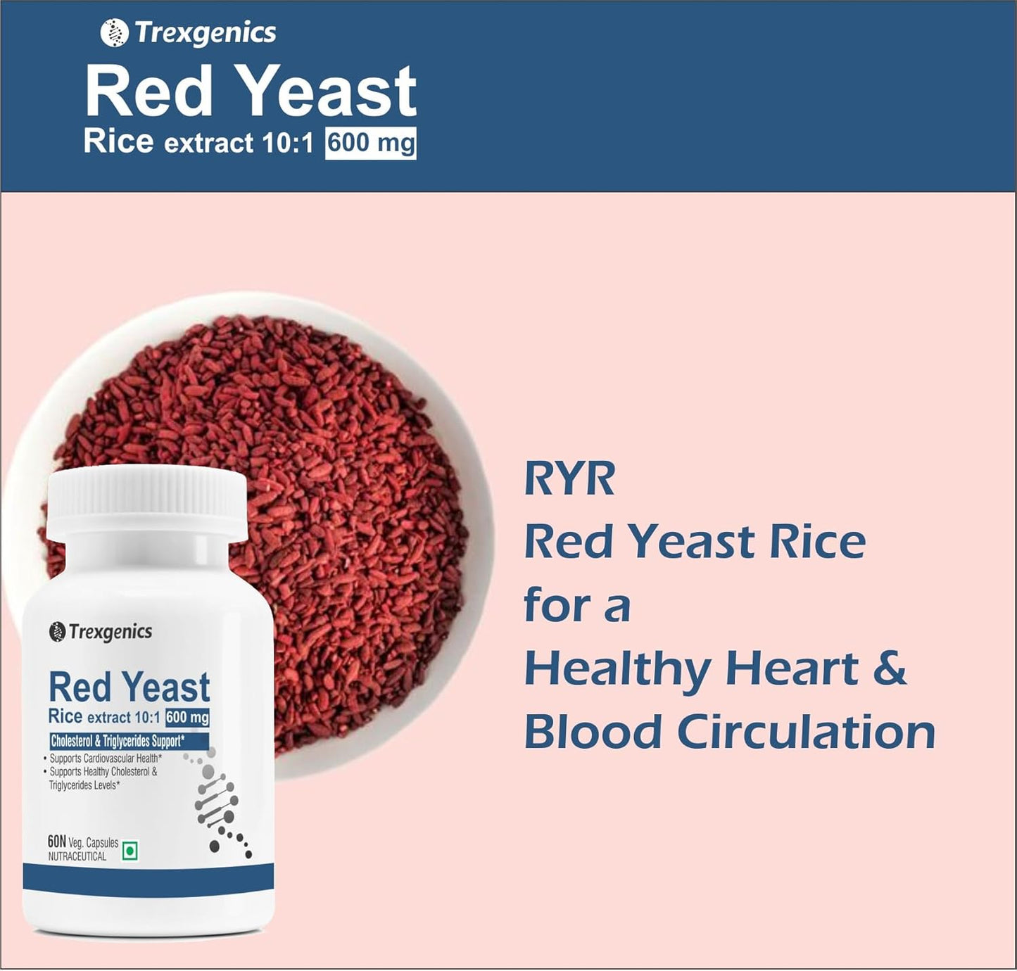 Trexgenics RED YEAST RICE extract 600 mg Cholesterol, Triglycerides Support (60 Veg Capsules) (Pack of 1)