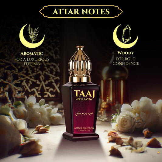 BELLAVITA TAAJ Jannat Unisex Long Lasting Attar for Man and Woman 12ml | Cinnamon, Oud, Cedar, Patchouli and Tonka Bean | Non-Alcoholic Roll On | Ideal Gift