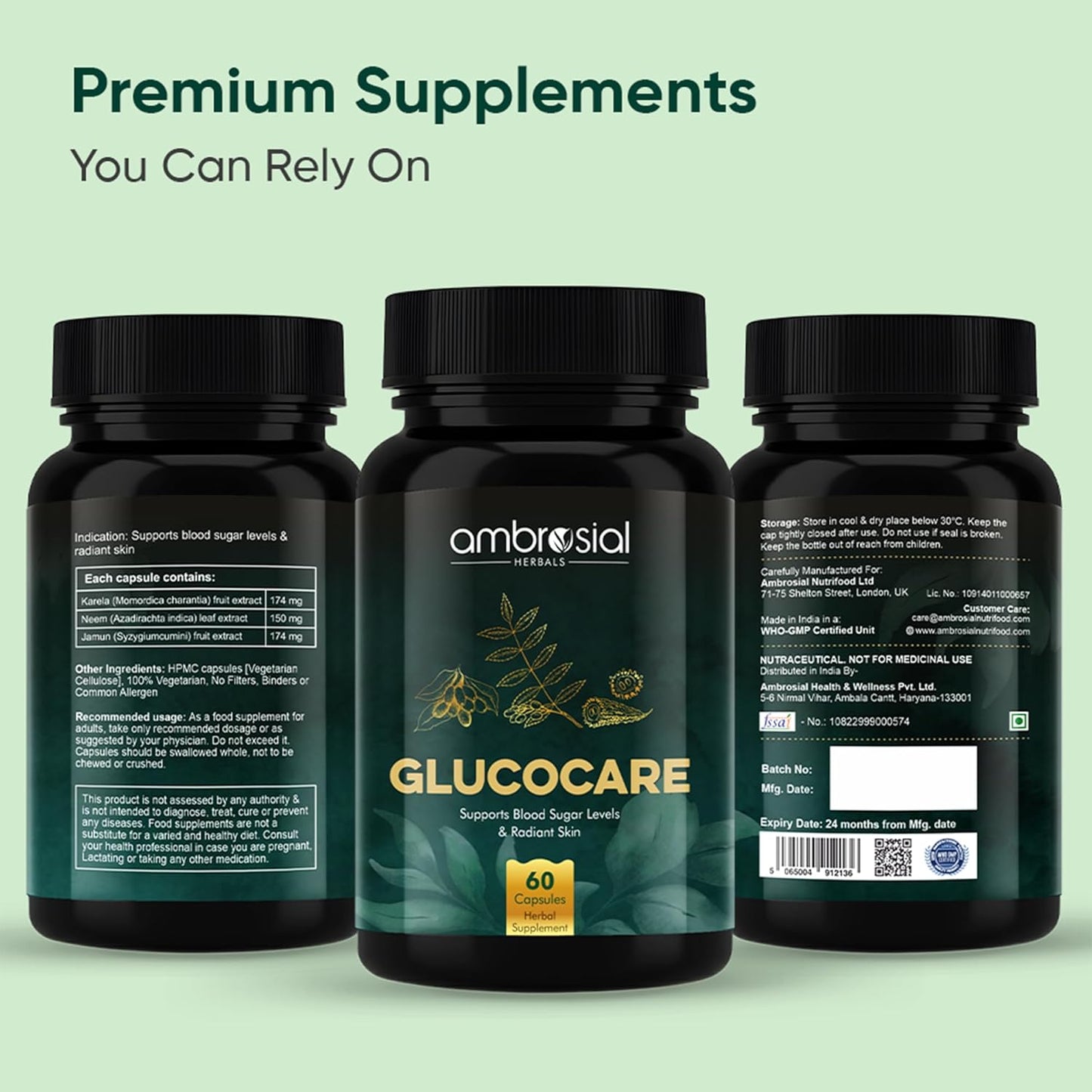 Ambrosial Glucocare Blood Sugar Control Tablets | Premium Herbal Formulation with Karela Jamun & Neem for Diabetes Care | Supports Healthy Blood Glucose Levels (Pack of 1-60 Capsules)