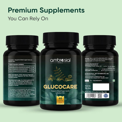 Ambrosial Glucocare Blood Sugar Control Tablets | Premium Herbal Formulation with Karela Jamun & Neem for Diabetes Care | Supports Healthy Blood Glucose Levels (Pack of 1-60 Capsules)
