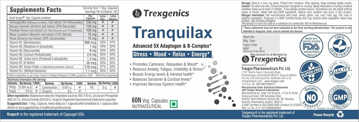 Trexgenics Tranquilax 5X Adaptogen + Full Spectrum Vitamin B - Complex Capsules for Synergistic Stress, Energy and Nervous System Support (60 Veg. Capsules)