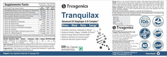 Trexgenics Tranquilax 5X Adaptogen + Full Spectrum Vitamin B - Complex Capsules for Synergistic Stress, Energy and Nervous System Support (60 Veg. Capsules)