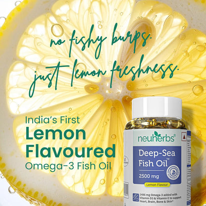 Neuherbs Deep Sea Omega 3 Fish Oil - Omega 3 Supplement Triple Strength 2500 Mg (Essential Fatty Acid Combination of 1486 mg 892 mg EPA 594 mg DHA/serving), Lemon Flavour- 60 Softgel