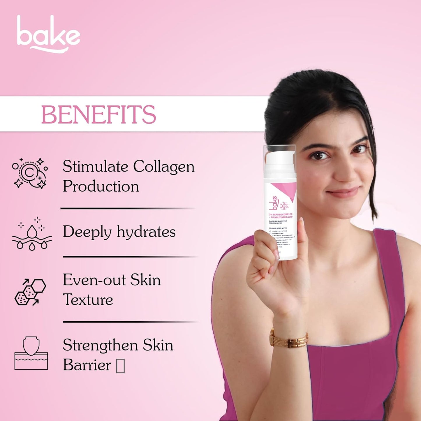 BAKE 2% Peptide Complex Moisturizer with Polyglutamic Acid, 1.5% Copper Peptides, Niacinamide for Barrier Repair & Strengthening | Non Comedogenic, For Oily, Normal & Sensitive Skin - 50g