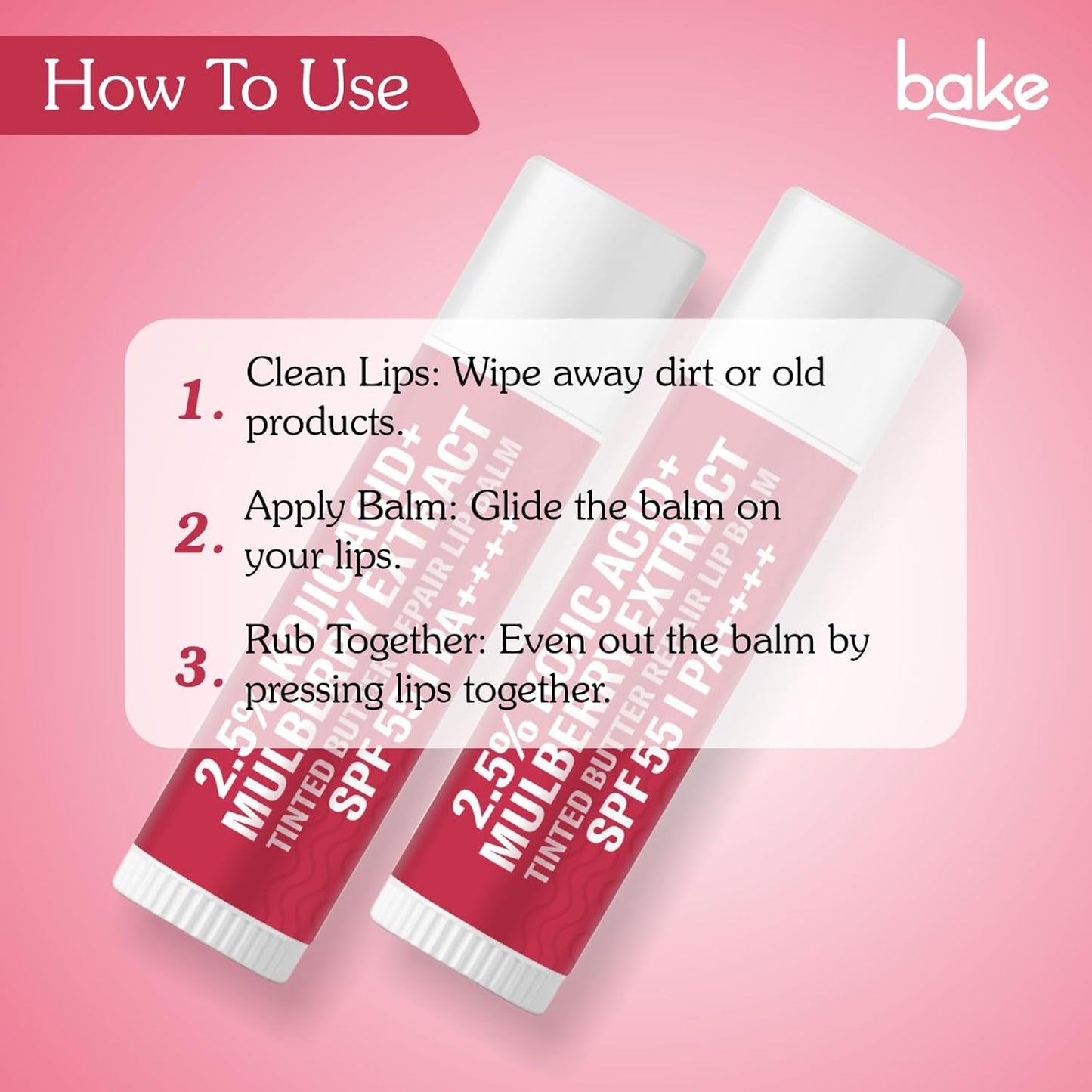 BAKE 2.5% Kojic Acid Mulberry Extract Tinted Butter Brightening Lip Balm SPF 55 PA++++ 24 Hour Moisturization | For Dark, Pigmented, Dry & Flaky Lips | De-Tan Lip Balm - 5g