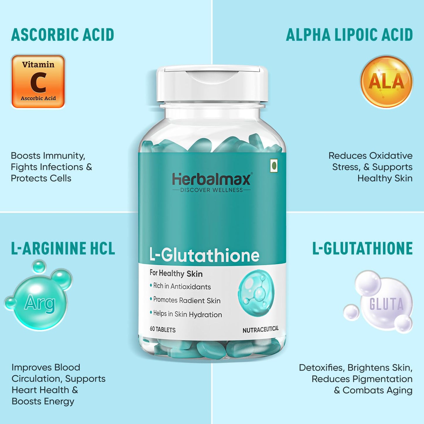 Herbal Max L-Glutathione Tablets for Skin Whitening 60 Tablets | With Vitamin C & Antioxidants | Supports Glowing, Hydrated & Youthful Skin | Unisex Supplement