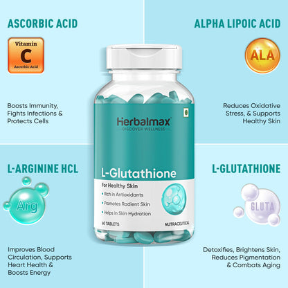 Herbal Max L-Glutathione Tablets for Skin Whitening 60 Tablets | With Vitamin C & Antioxidants | Supports Glowing, Hydrated & Youthful Skin | Unisex Supplement