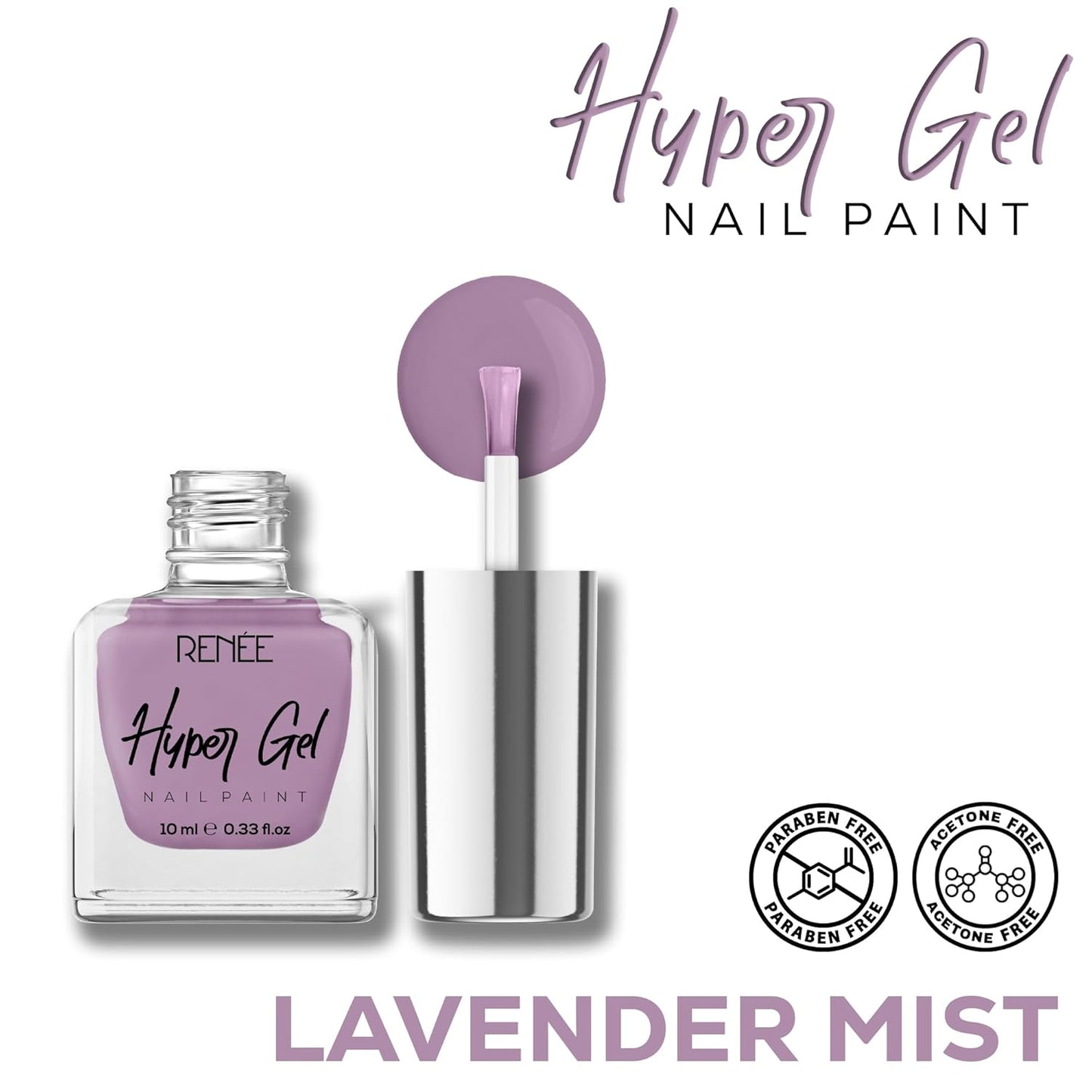 RENEE Hyper Gel Nail Paint - Lavender Mist| Quick Drying| Long Lasting| Chip resisting Formula with High Shine & Full Coverage| One Stroke Application| Acetone & Paraben Free| 10 Ml Each