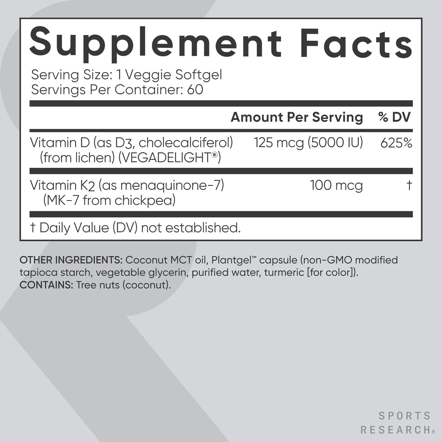 Sports ResearchÂ® Vitamin D3 + K2 w/ Coconut Oil - Vegan Vitamin D 5000iu & Mk7 Vitamin K 100mcg for Bone & Immune Support - Vegan Certified Â· Non-GMO Â· Soy Free - 60 Softgels