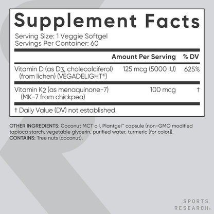 Sports ResearchÂ® Vitamin D3 + K2 w/ Coconut Oil - Vegan Vitamin D 5000iu & Mk7 Vitamin K 100mcg for Bone & Immune Support - Vegan Certified Â· Non-GMO Â· Soy Free - 60 Softgels